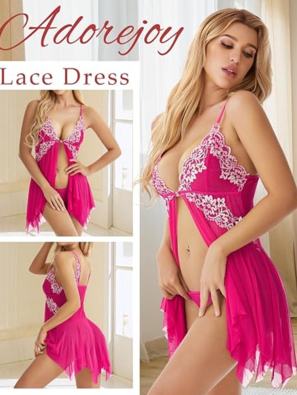 Women Lingerie Babydoll Front Closure Mesh Lace Chemise Sleepwear Nightie Rose R